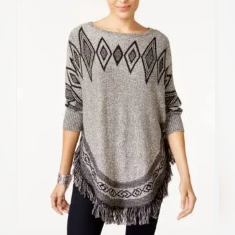 Style & Co Boho Fringe Women's Argyle Western Style Poncho Fair Isle Sweater S/M